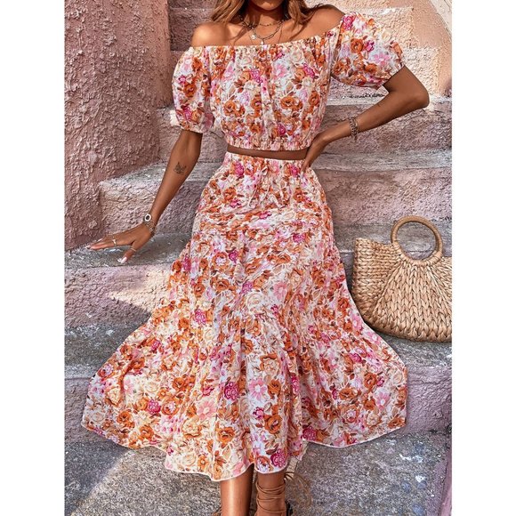 BohoGypsyDreamer.com Dresses & Skirts - 2 piece set Floral Off Shoulder Puff Sleeve Crop Top & Ruffle Hem maxi Skirt set